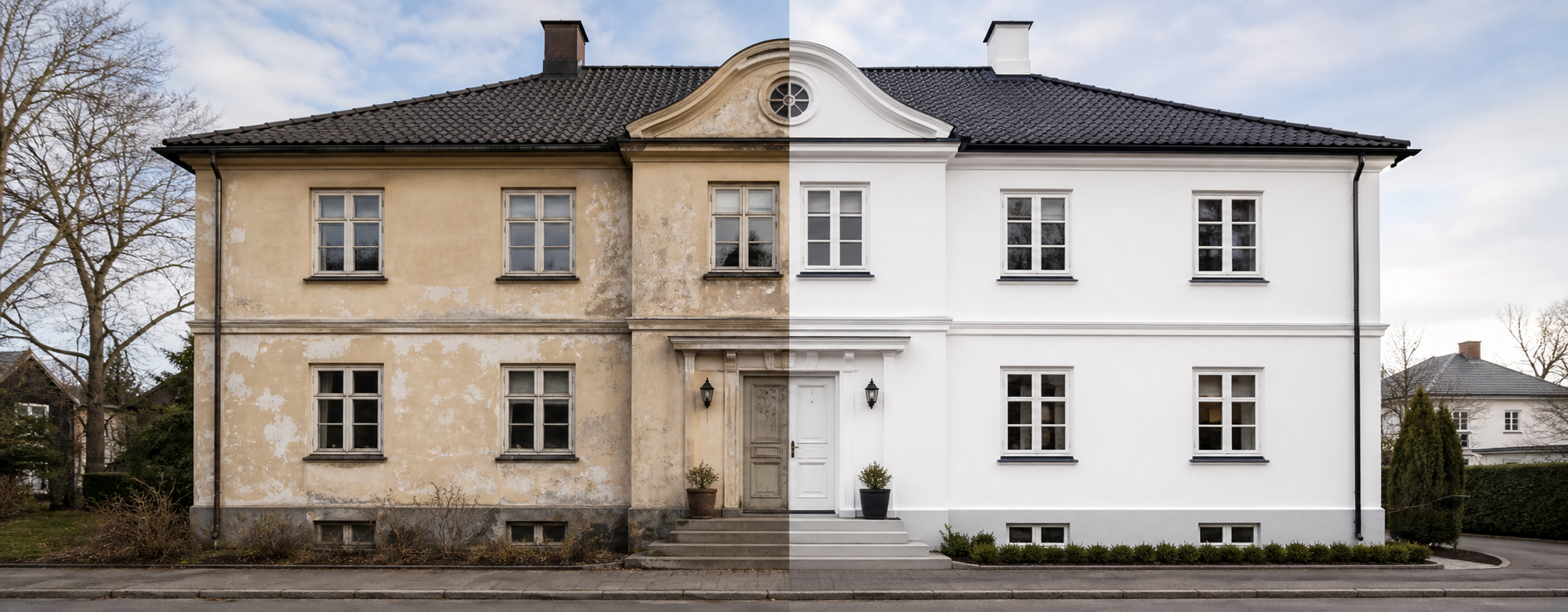 Före och efter fasadrenovering på svensk villa